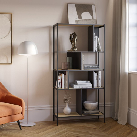 Etagère graphique 4 niveaux en mélaminé imitation bois et métal noir - ANTHEIOR