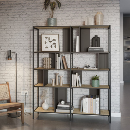 Étagère graphique 4 niveaux 144 cm en mélaminé imitation bois et métal noir - ANTHEIOR