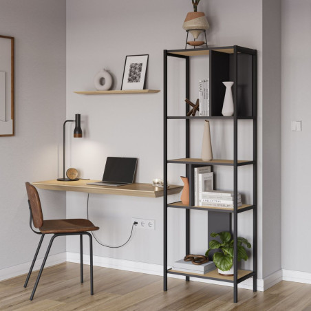 Etagère graphique 4 niveaux en mélaminé imitation bois et métal laqué noir - ANTHEIOR
