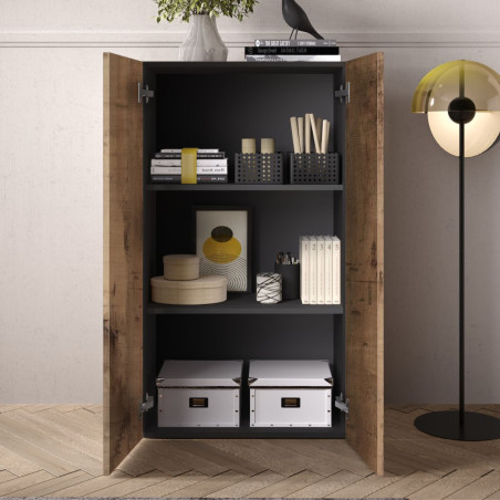 Rangement 2 portes noir graphite et aspect bois antique - SYNERGIZE