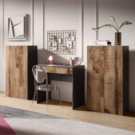 Rangement 2 portes noir graphite et aspect bois antique - SYNERGIZE