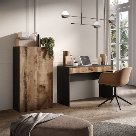 Rangement 2 portes noir graphite et aspect bois antique - SYNERGIZE