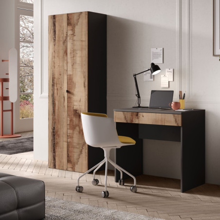 Rangement armoire 2 portes noir graphite et aspect bois antique - SYNERGIZE