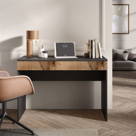 Bureau 110 cm avec tiroir noir graphite et aspect bois antique - SYNERGIZE