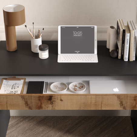 Bureau 110 cm avec tiroir noir graphite et aspect bois antique - SYNERGIZE