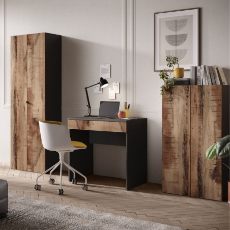 Bureau 78 cm avec tiroir noir graphite et aspect bois antique - SYNERGIZE