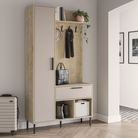 Vestiaire d'entrée avec rangements en mélaminé beige et métal noir - HILDIOR