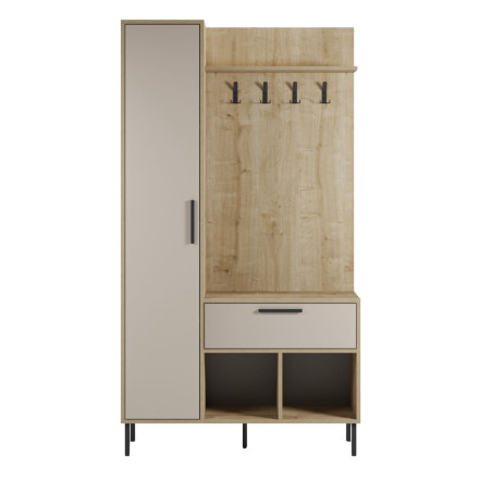 Vestiaire d'entrée avec rangements en mélaminé beige et métal noir - HILDIOR