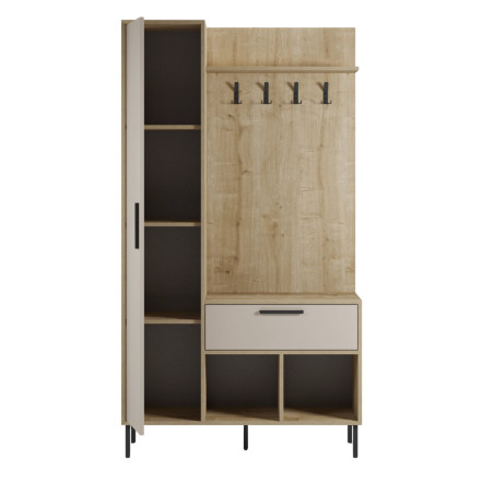 Vestiaire d'entrée avec rangements en mélaminé beige et métal noir - HILDIOR