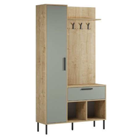 Vestiaire d'entrée avec rangements en mélaminé vert sauge et métal noir - HILDIOR