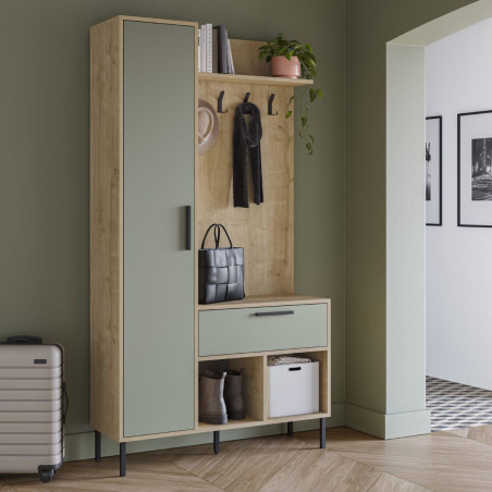 Vestiaire d'entrée avec rangements en mélaminé vert sauge et métal noir - HILDIOR