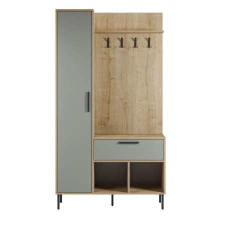 Vestiaire d'entrée avec rangements en mélaminé vert sauge et métal noir - HILDIOR