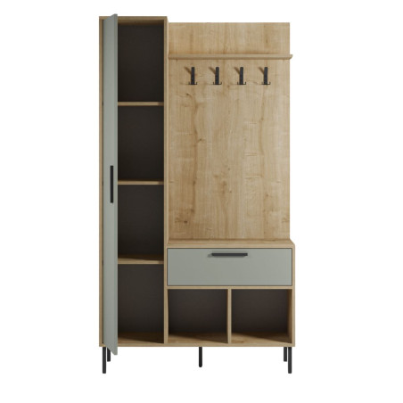 Vestiaire d'entrée avec rangements en mélaminé vert sauge et métal noir - HILDIOR