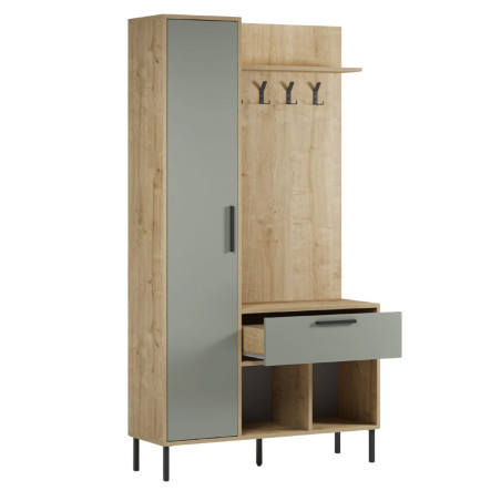 Vestiaire d'entrée avec rangements en mélaminé vert sauge et métal noir - HILDIOR