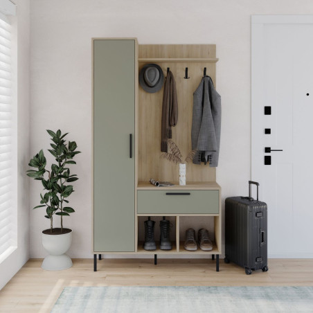 Vestiaire d'entrée avec rangements en mélaminé vert sauge et métal noir - HILDIOR