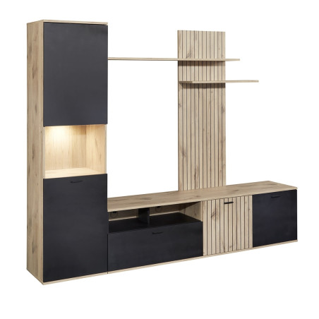 Meuble TV mural avec banc TV et colonne, LED incluse, aspect bois noir - NIVIA