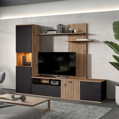 Meuble TV mural avec banc TV et colonne, LED incluse, aspect bois noir - NIVIA