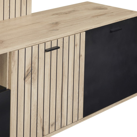 Meuble TV mural avec banc TV et colonne, LED incluse, aspect bois noir - NIVIA