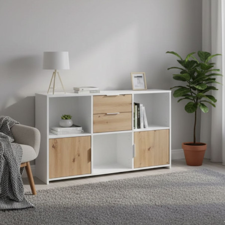 Meuble multi-rangement blanc et effet bois - OPHIO