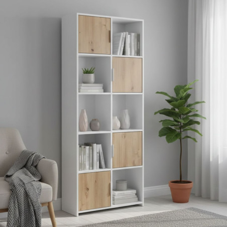 Meuble 5 Portes 5 Niches Blanc et Effet Bois - OPHIO