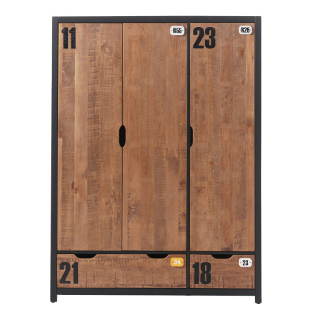 Armoire 3 portes 2 tiroirs en pin massif avec motifs - TCHAL