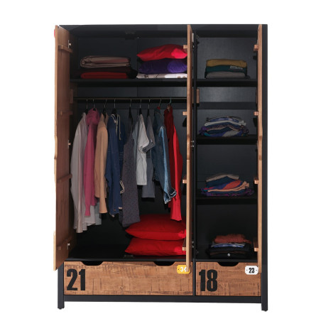 Armoire 3 portes 2 tiroirs en pin massif avec motifs - TCHAL