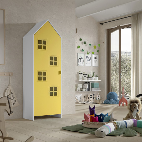 Armoire cabane 1 porte jaune avec détails fenêtres - BEAUA