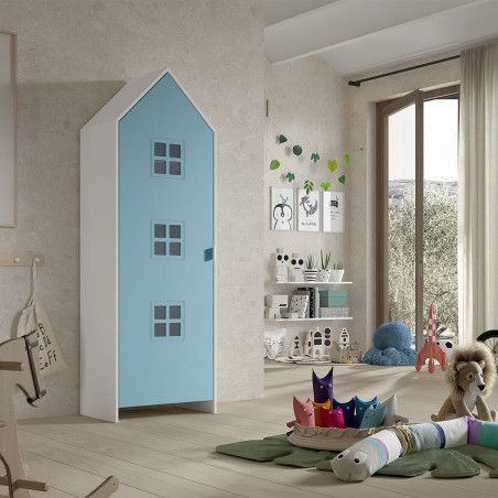 Armoire cabane 1 porte bleue détail fenêtres - BEAUA