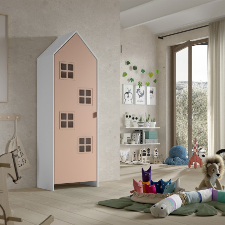 Armoire cabane 1 porte rose détail fenêtres - BEAUA