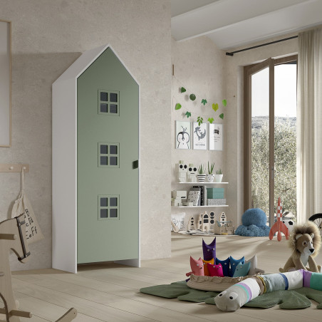 Armoire cabane 1 porte verte avec détails fenêtres - BEAUA