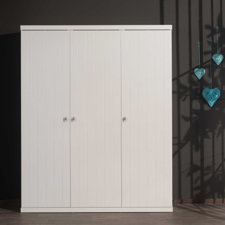Armoire 3 Portes Effet Lambris Blanc Laqué - CLEON