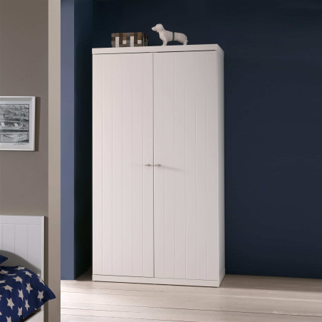 Armoire 2 Portes Effet Lambris Blanc Laqué - CLEON