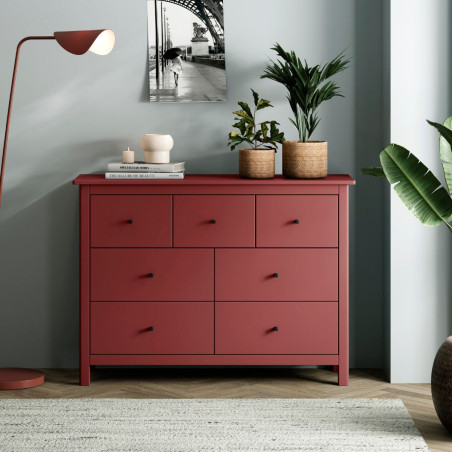 Commode 7 tiroirs en pin massif laqué rouge bordeaux - MYSIOR
