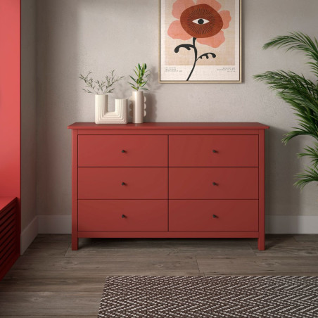 Commode 6 tiroirs en pin massif laqué rouge bordeaux - MYSIOR