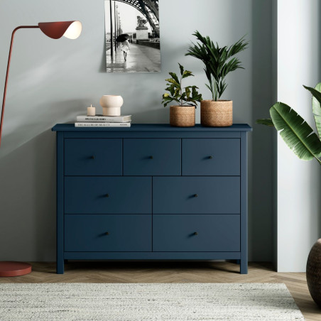 Commode 7 tiroirs en pin massif laqué bleu marine - MYSIOR