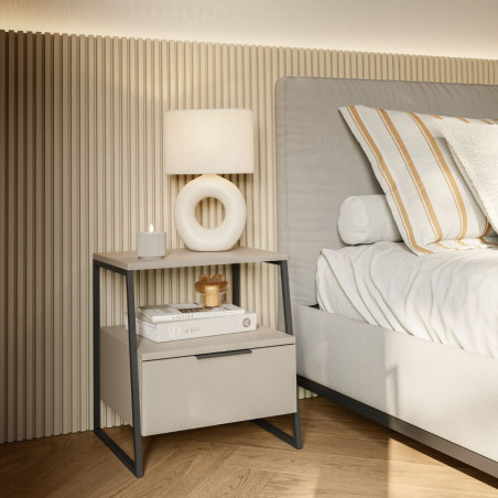 Chevet 2 niveaux avec 1 tiroir en mélaminé beige et métal laqué noir - VELIANOR