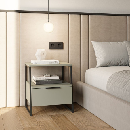 Chevet 2 niveaux avec 1 tiroir, mélaminé vert sauge et métal - VELIANOR