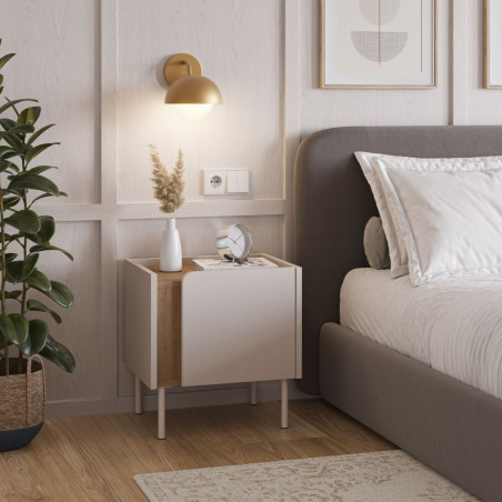 Chevet 1 porte beige imitation bois avec découpe graphique - LIWENNOR