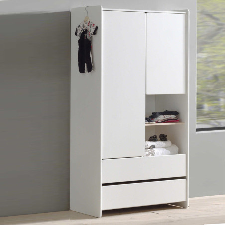 Armoire 2 Portes 2 Tiroirs Blanche et Bois - BODEN