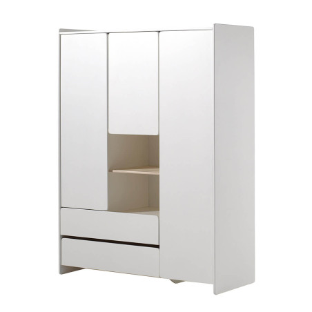 Armoire 3 Portes 2 Tiroirs Blanche et Bois - BODEN