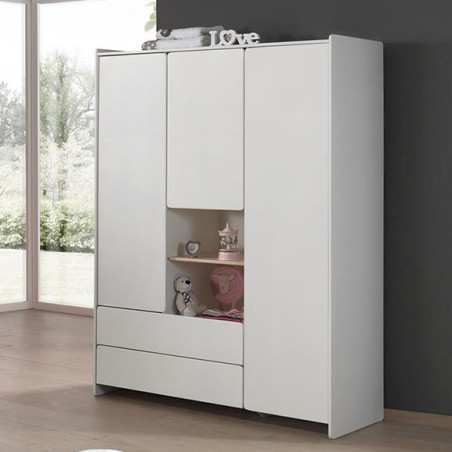 Armoire 3 Portes 2 Tiroirs Blanche et Bois - BODEN