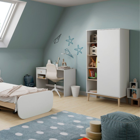 Penderie 1 porte et 5 niches en pin massif et MDF laqué blanc et naturel - KAINEN