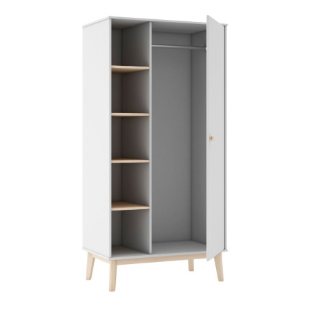 Penderie 1 porte et 5 niches en pin massif et MDF laqué blanc et naturel - KAINEN