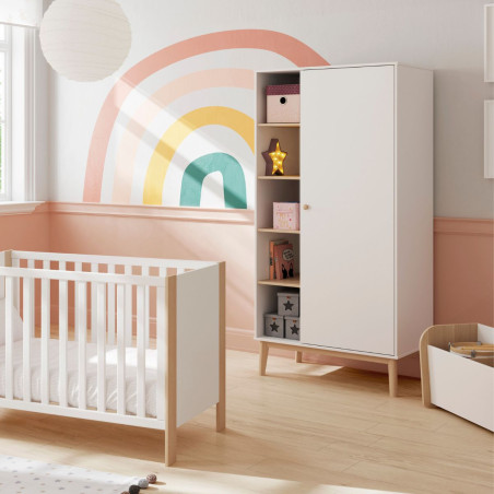 Penderie 1 porte et 5 niches en pin massif et MDF laqué blanc et naturel - KAINEN