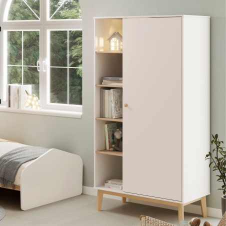 Penderie 1 porte et 5 niches en pin massif et MDF laqué blanc et naturel - KAINEN