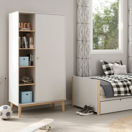 Penderie 1 porte et 5 niches en pin massif et MDF laqué blanc et naturel - KAINEN