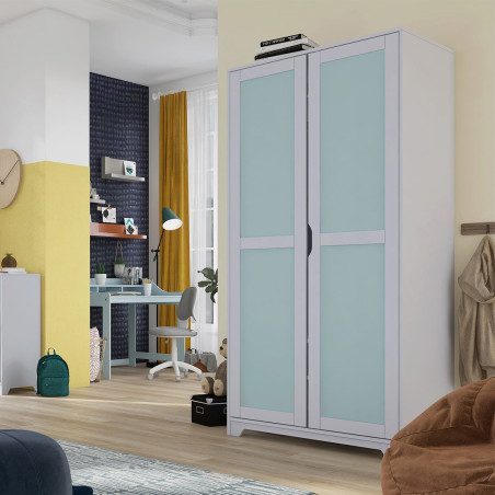 Armoire 2 Portes en Pin Gris et Vert d'Eau - GLASEN