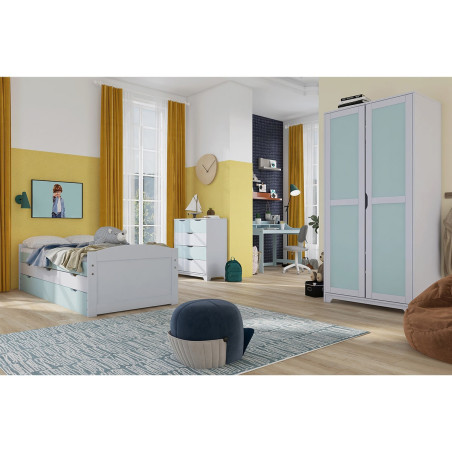 Armoire 2 Portes en Pin Gris et Vert d'Eau - GLASEN