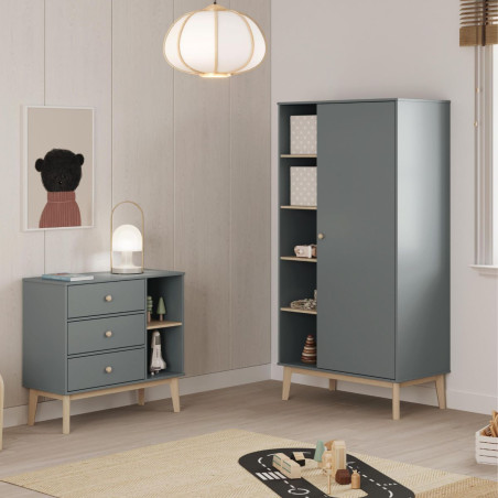 Penderie 1 porte 5 niches pin massif et MDF laqué vert kaki et naturel - KAINEN