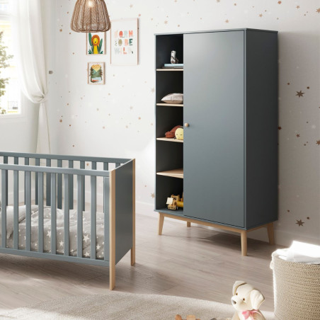 Penderie 1 porte 5 niches pin massif et MDF laqué vert kaki et naturel - KAINEN